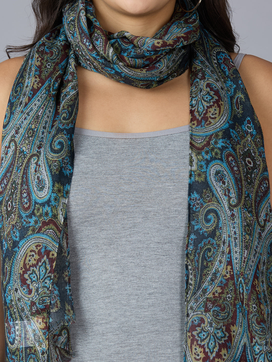 Green Paisley Printed Polyester Scarf