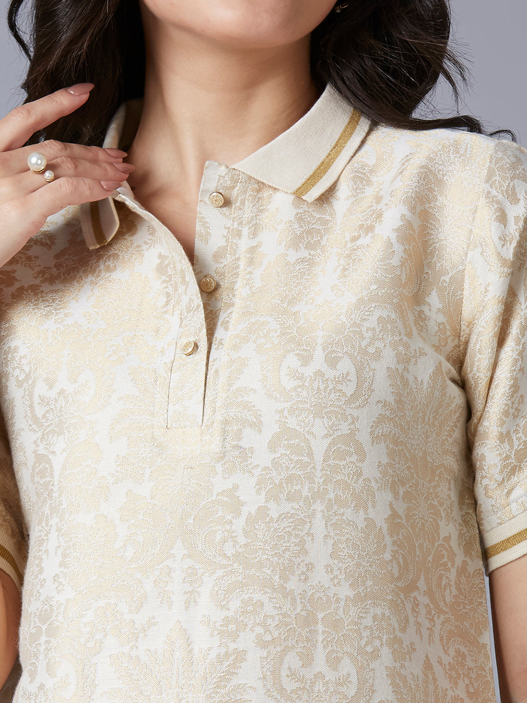 Ivory Gold Tapestry Designed Brocade T-Shirt