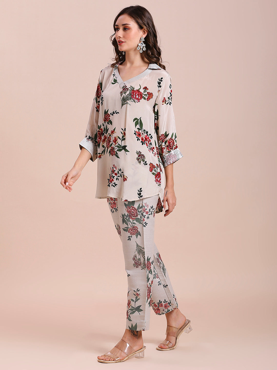 Off-White Floral Printed Co-Ord Set With Brocade Pant