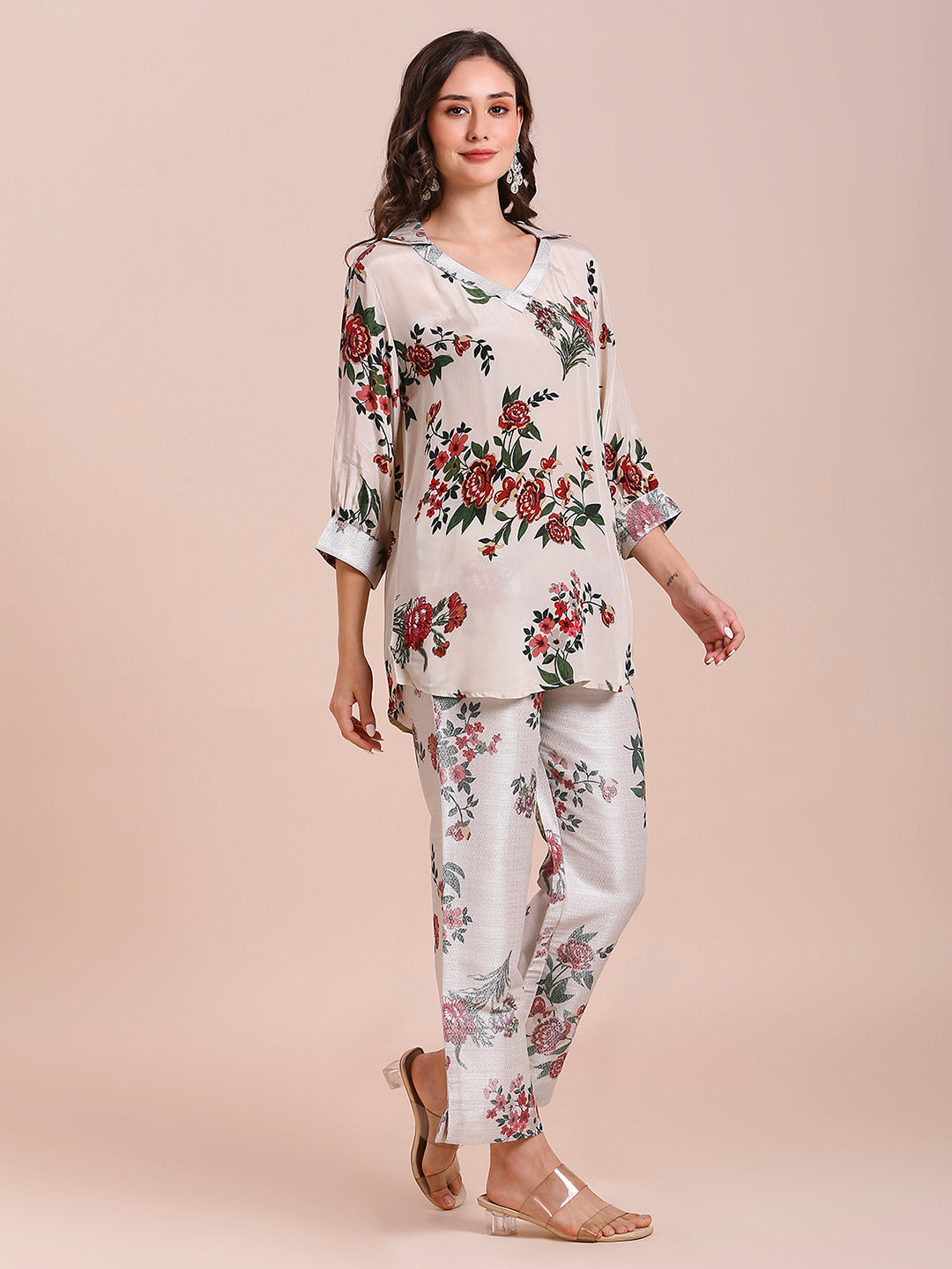 Off-White Floral Printed Co-Ord Set With Brocade Pant