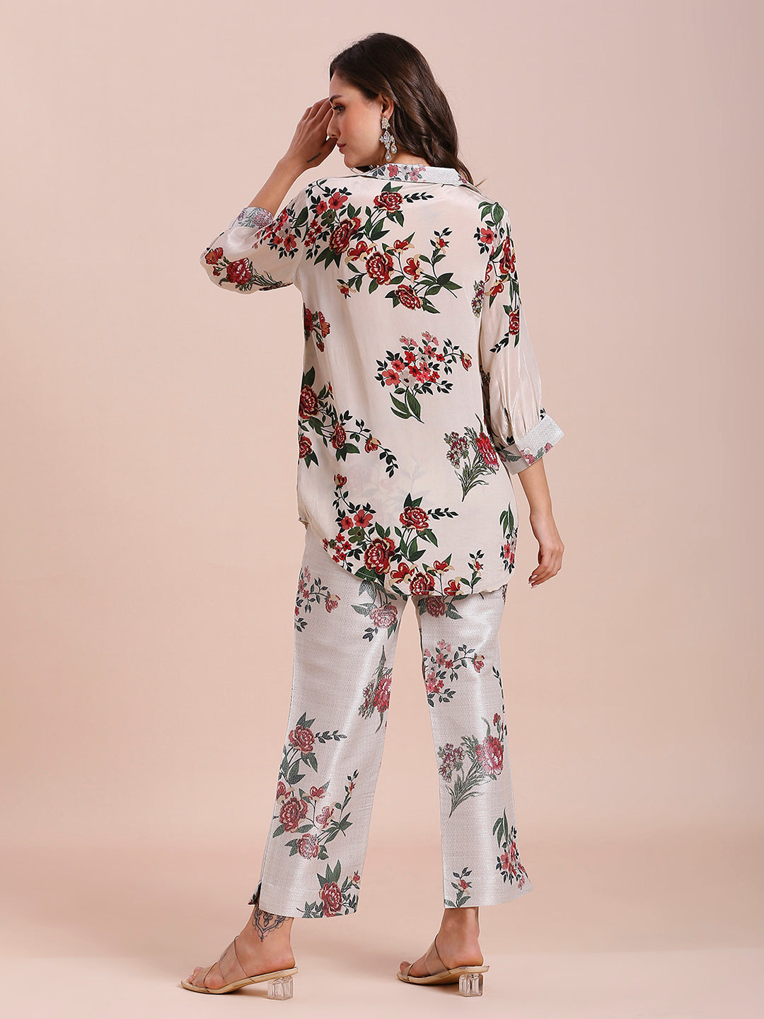 Off-White Floral Printed Co-Ord Set With Brocade Pant