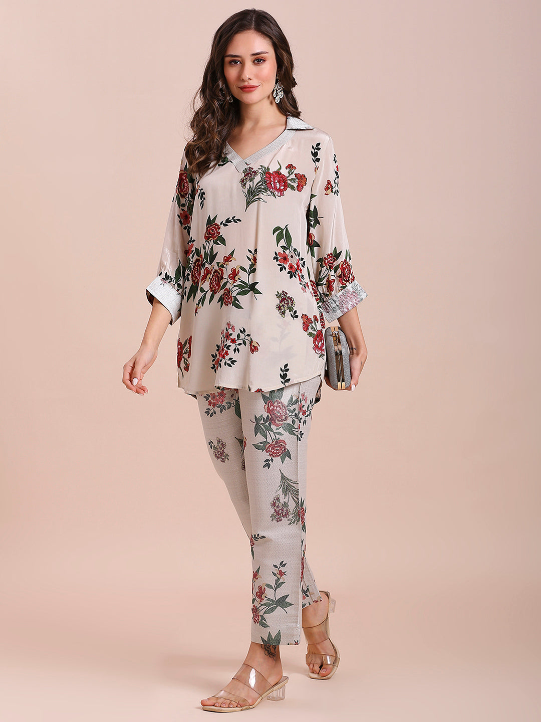 Off-White Floral Printed Co-Ord Set With Brocade Pant