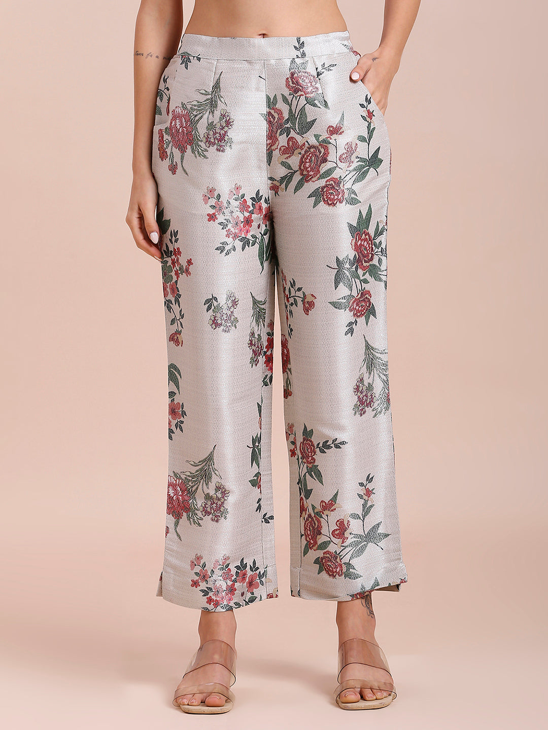 Off-White Floral Printed Co-Ord Set With Brocade Pant