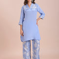 Blue Solid Top With Floral Brocade Pant