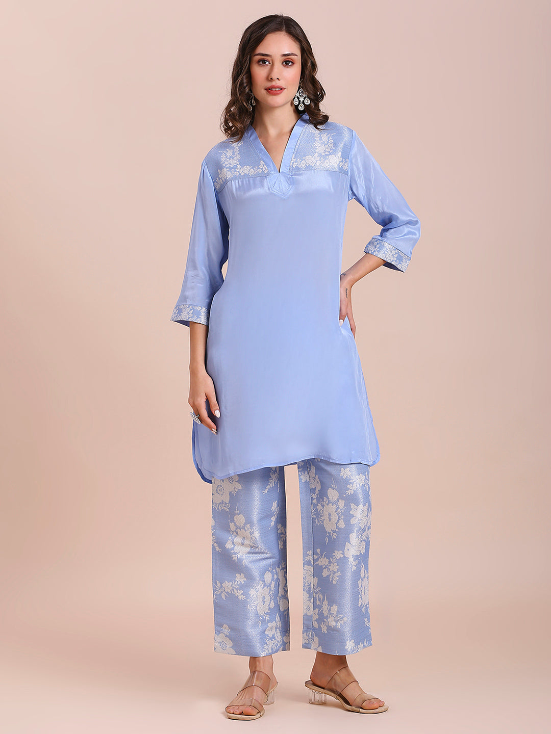 Blue Solid Top With Floral Brocade Pant