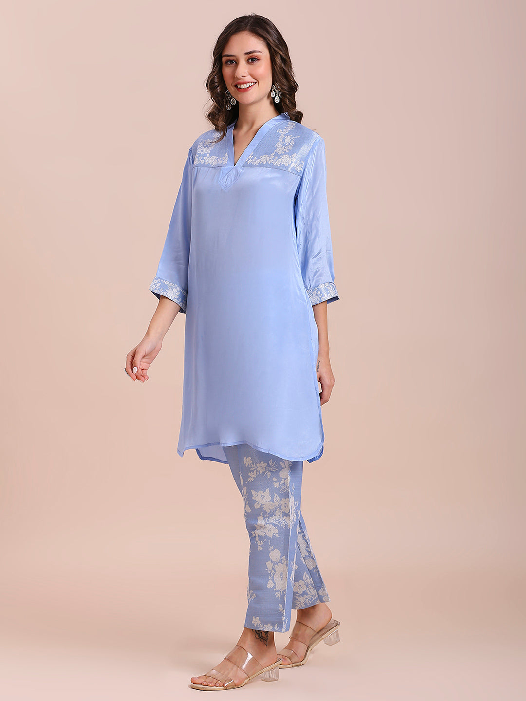 Blue Solid Top With Floral Printed Brocade Pant Set