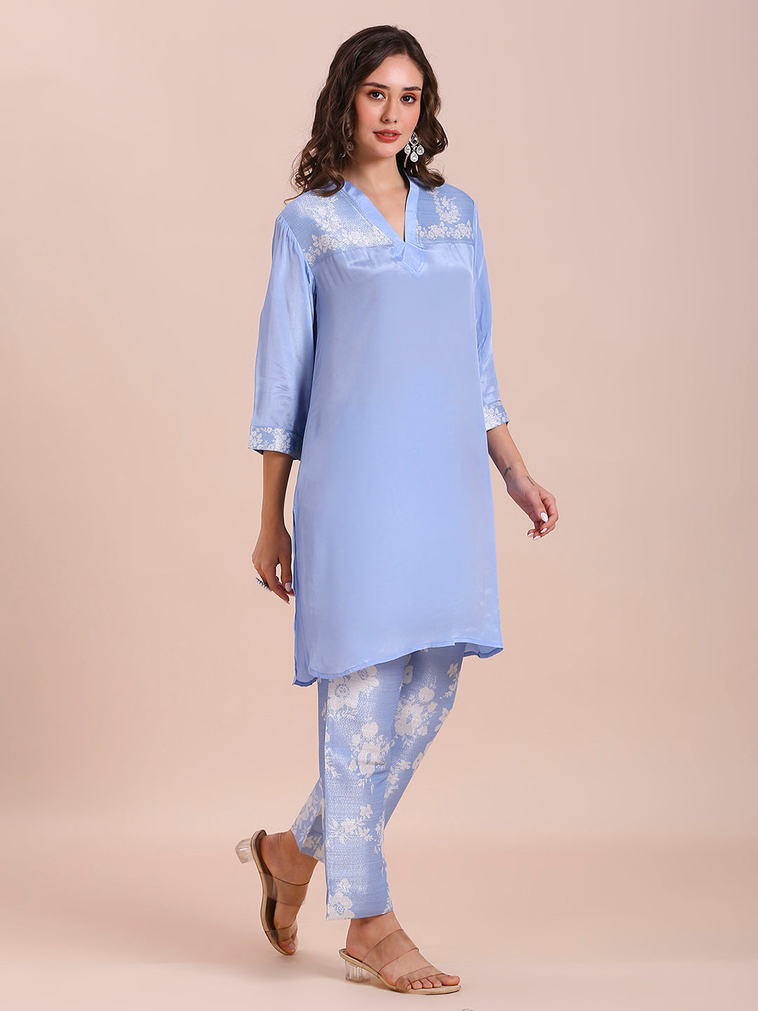 Blue Solid Top With Floral Printed Brocade Pant Set