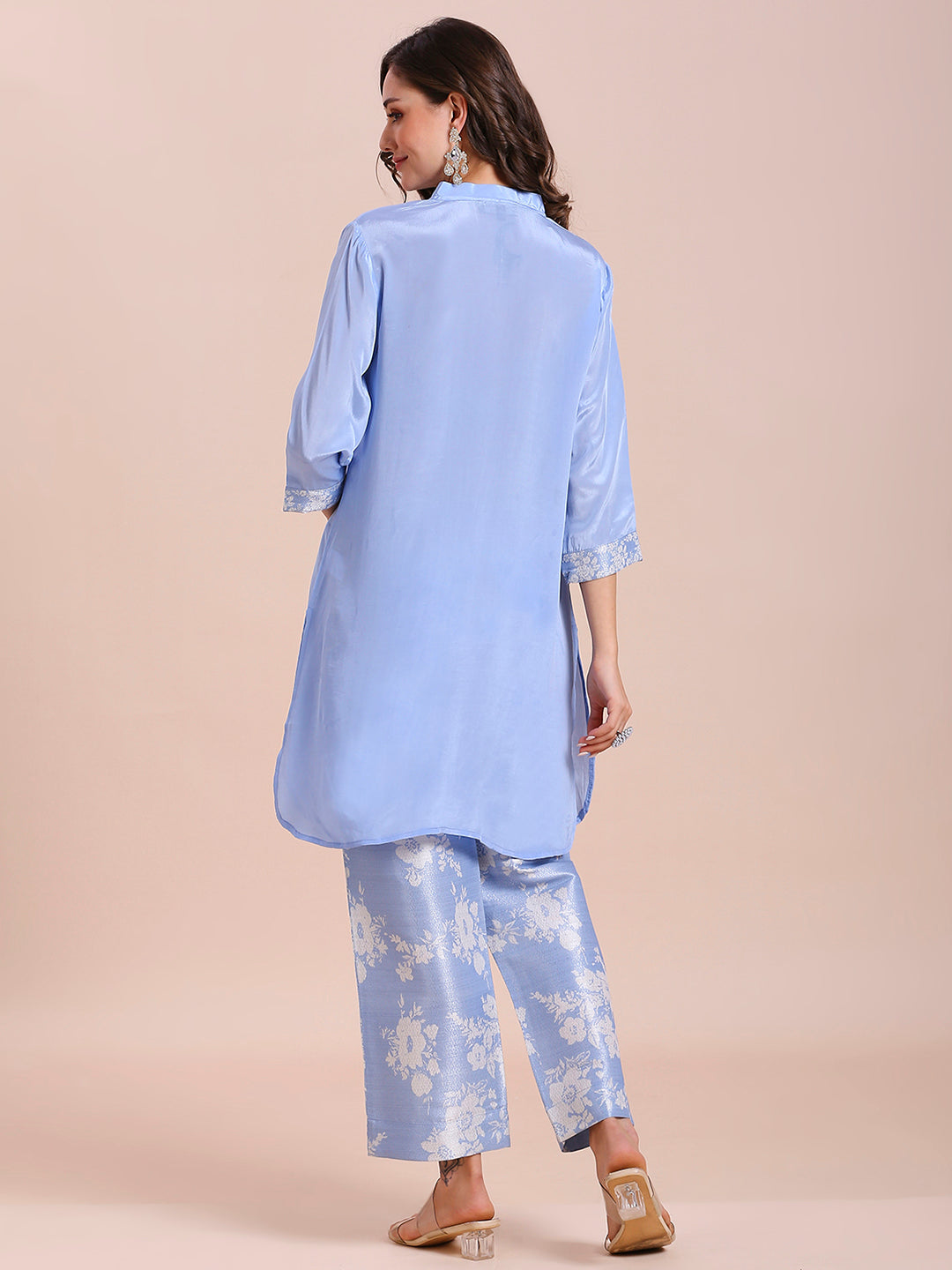 Blue Solid Top With Floral Printed Brocade Pant Set