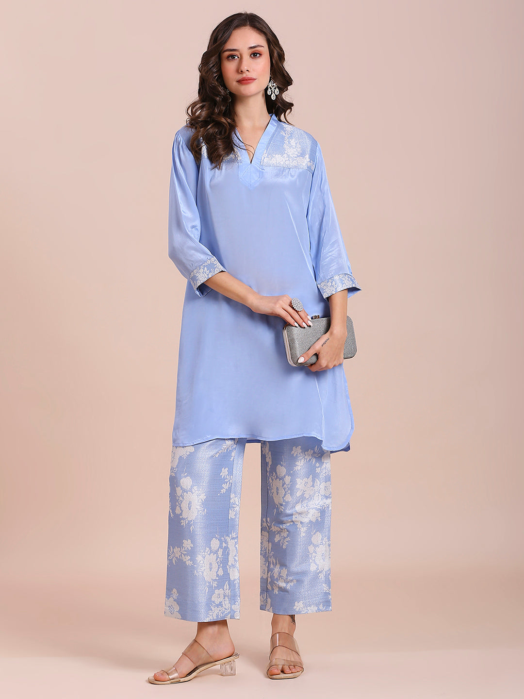 Blue Solid Top With Floral Printed Brocade Pant Set