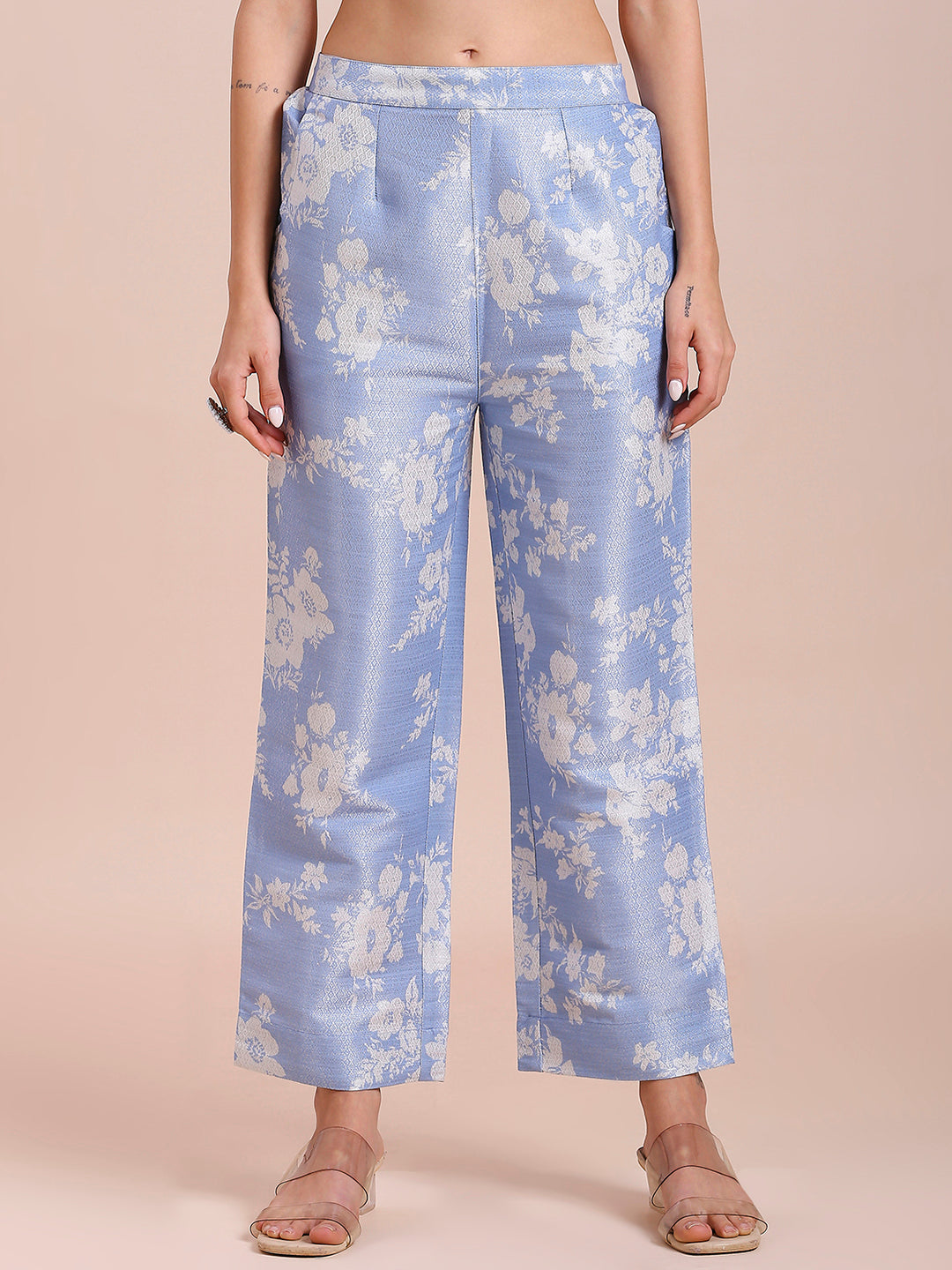 Blue Solid Top With Floral Printed Brocade Pant Set