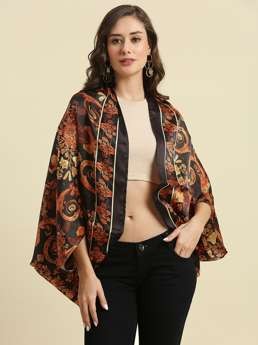 Black And Rust Paisley Printed Cape