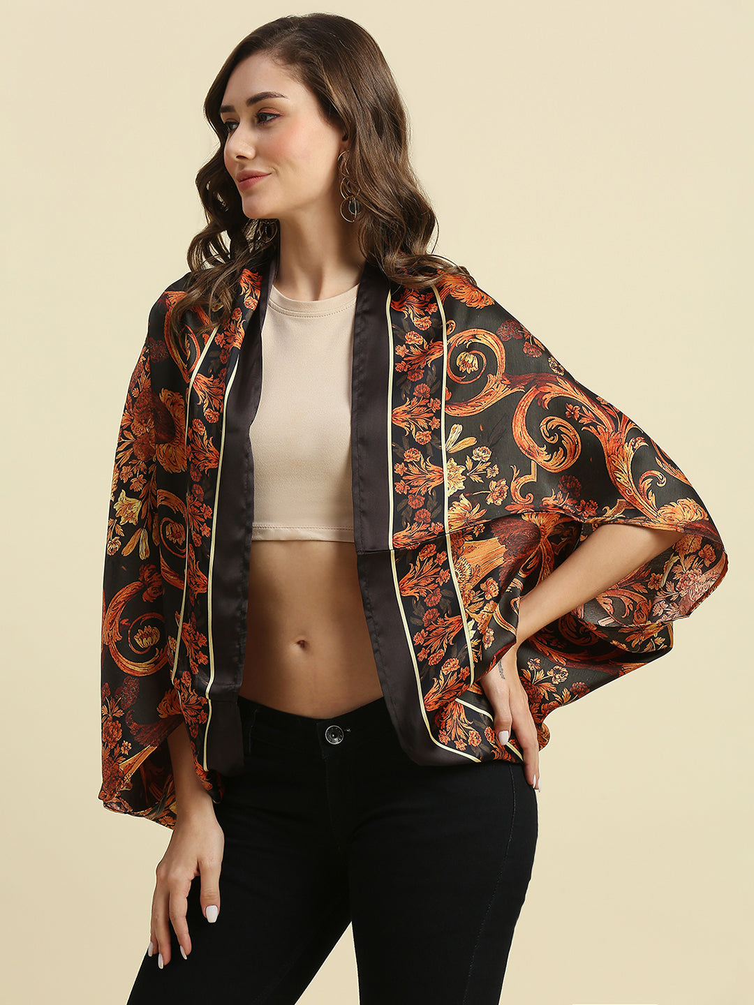 Black And Rust Paisley Printed Cape