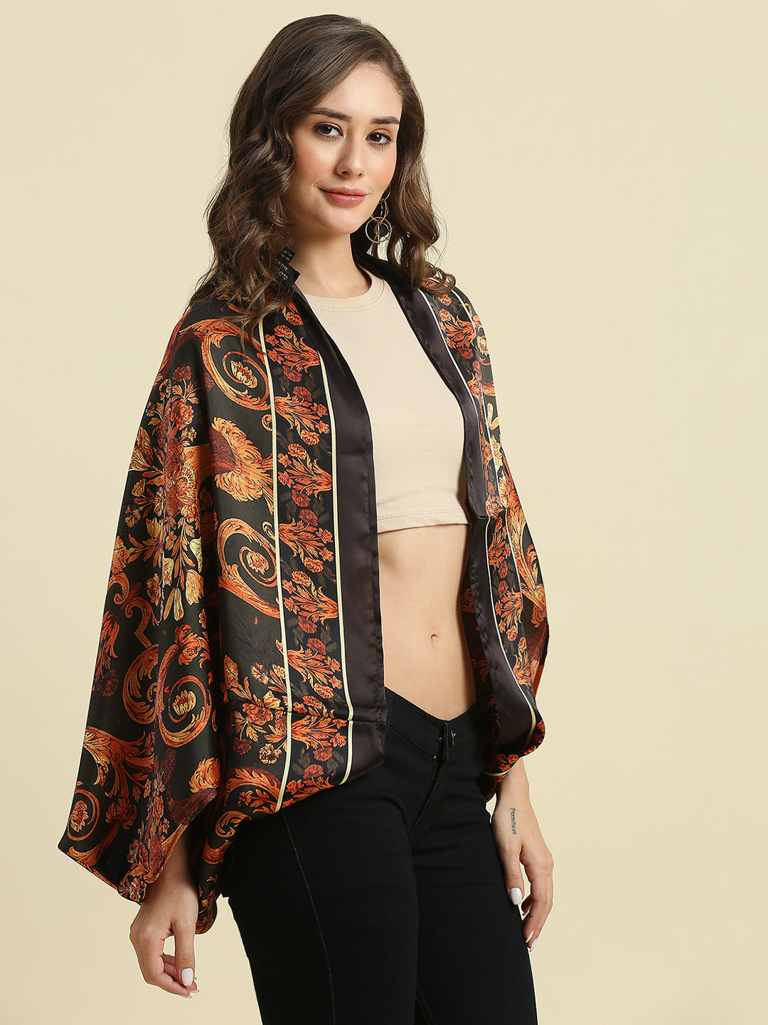 Black And Rust Paisley Printed Cape