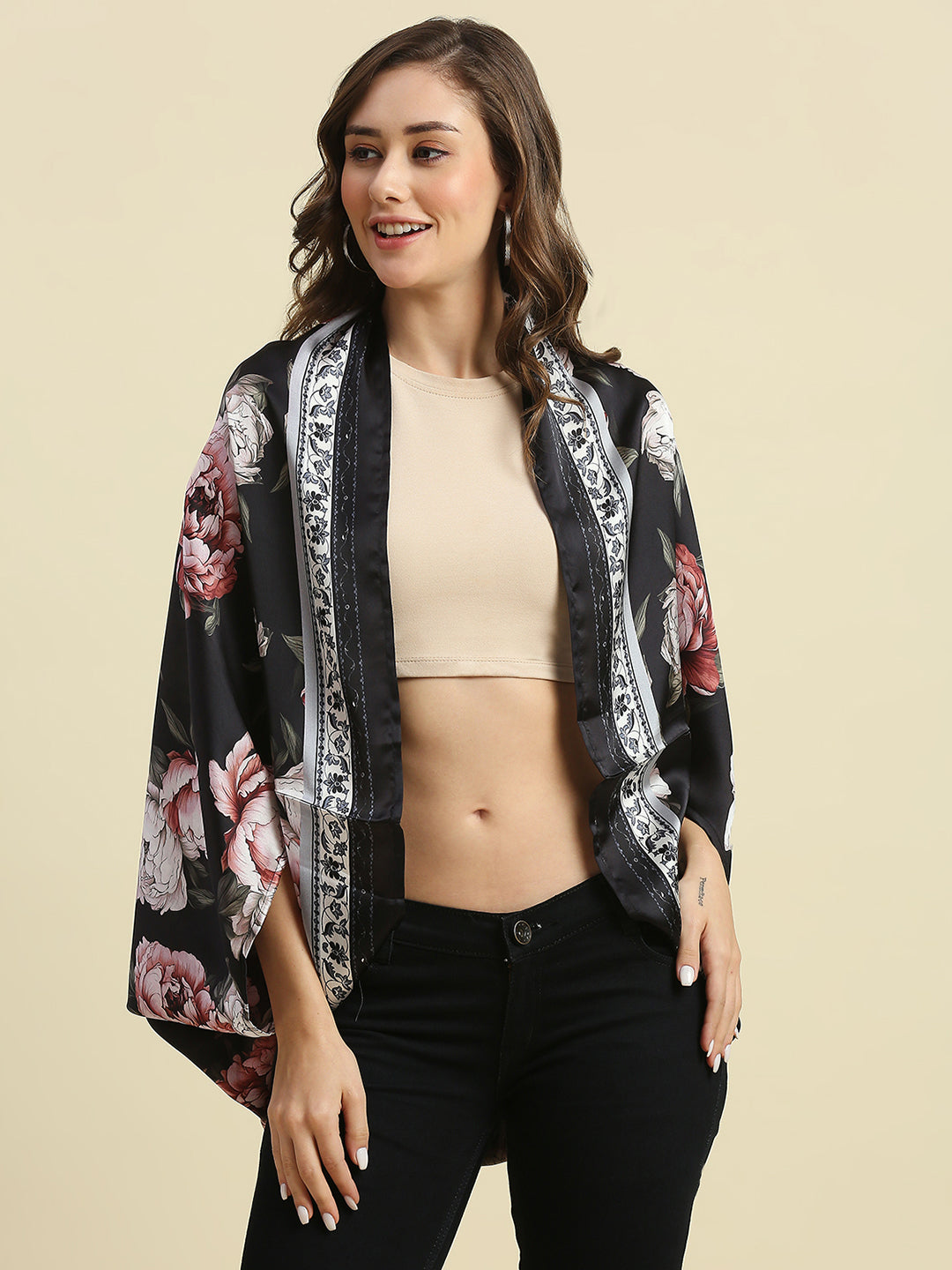 Black & Pink Floral Printed Cape