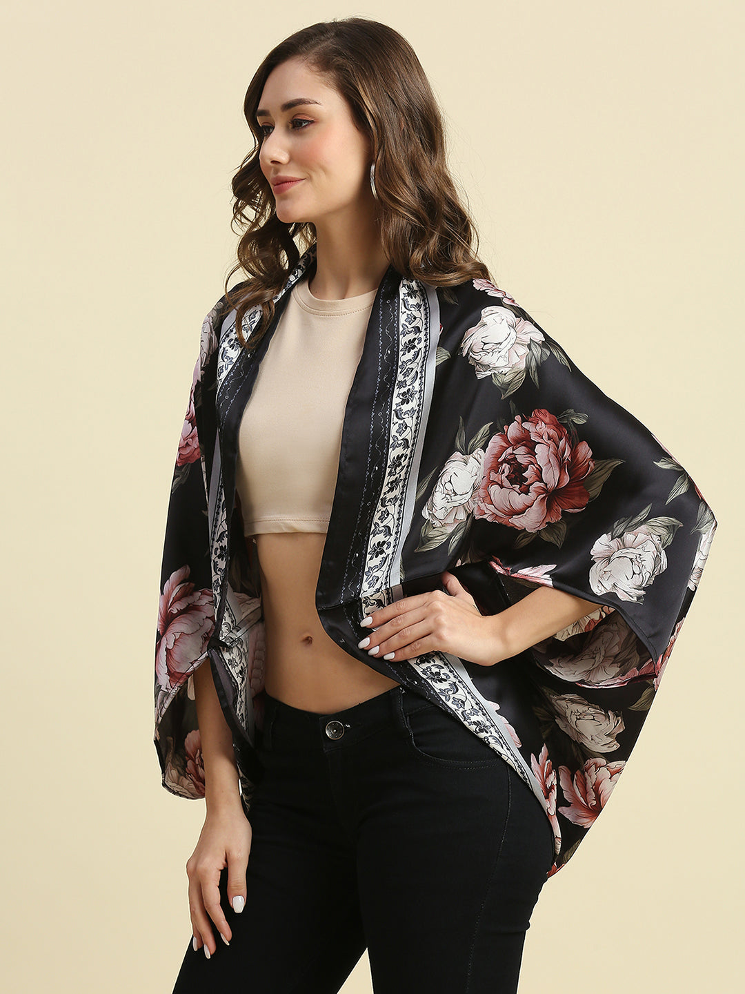 Black & Pink Floral Printed Cape