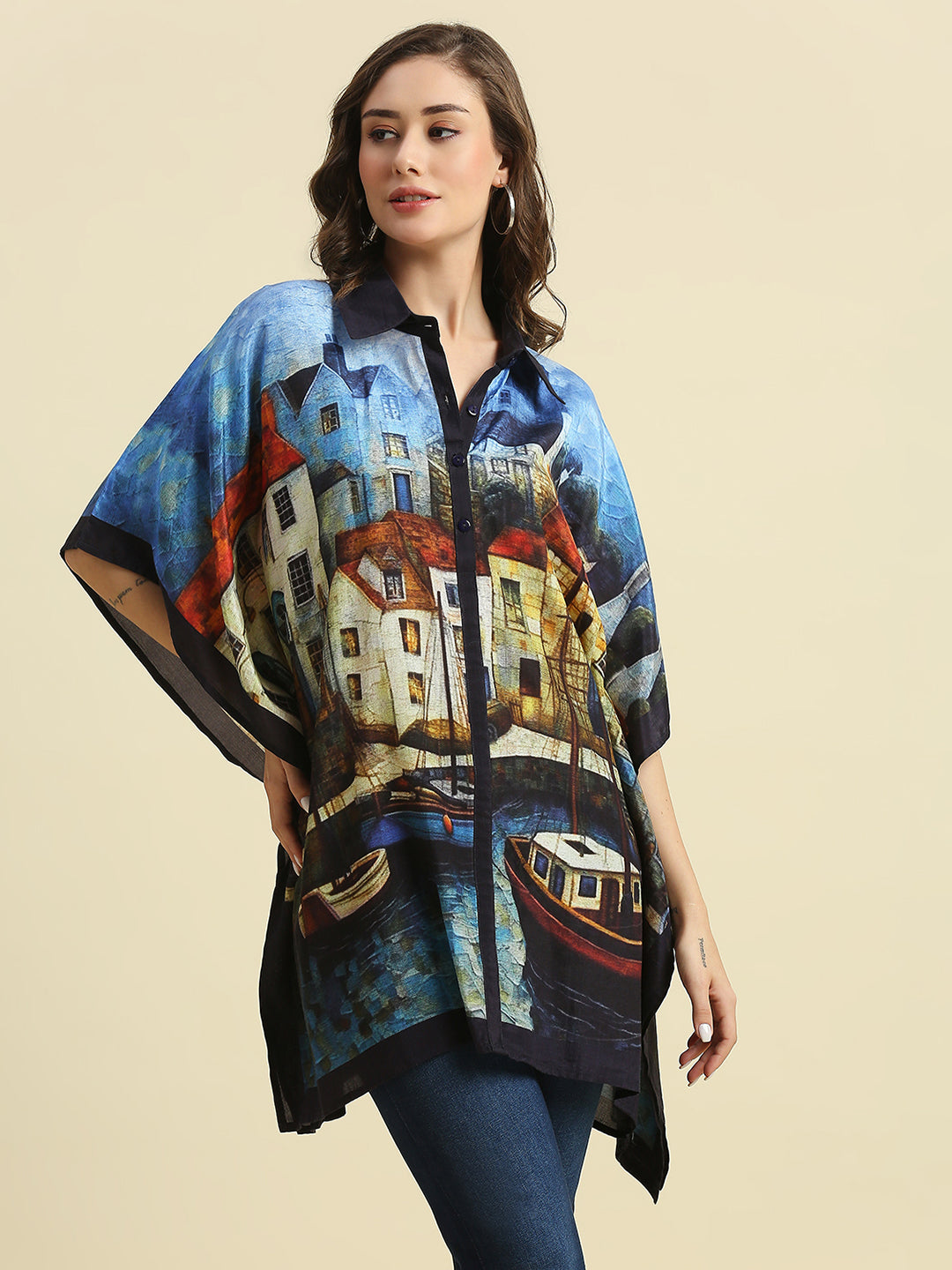 Blue Multicolored City Printed Kaftan Shirt