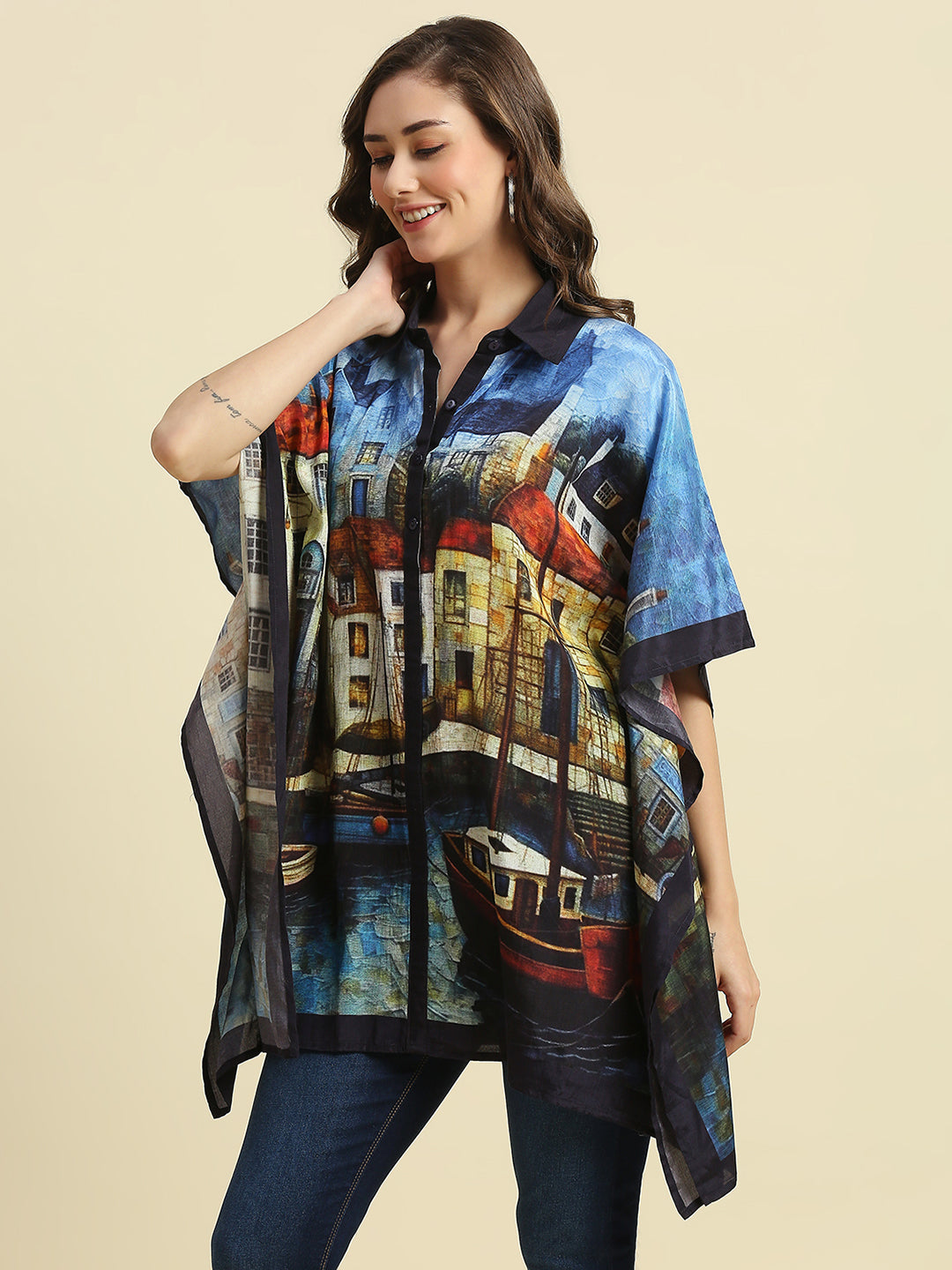 Blue Multicolored City Printed Kaftan Shirt