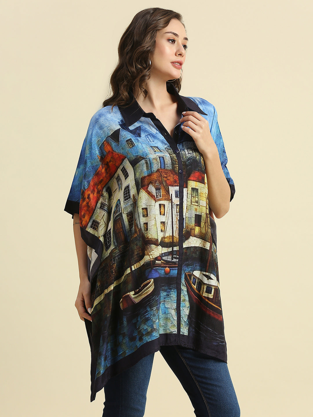 Blue Multicolored City Printed Kaftan Shirt