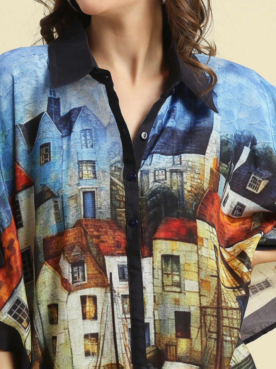 Blue Multicolored City Printed Kaftan Shirt