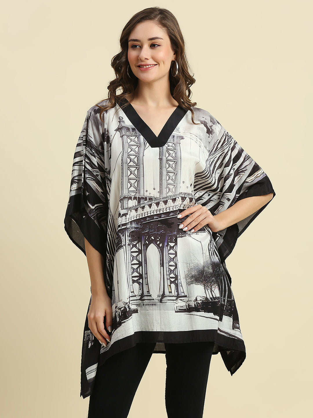 Bridge Printed Black & White Kaftan Top