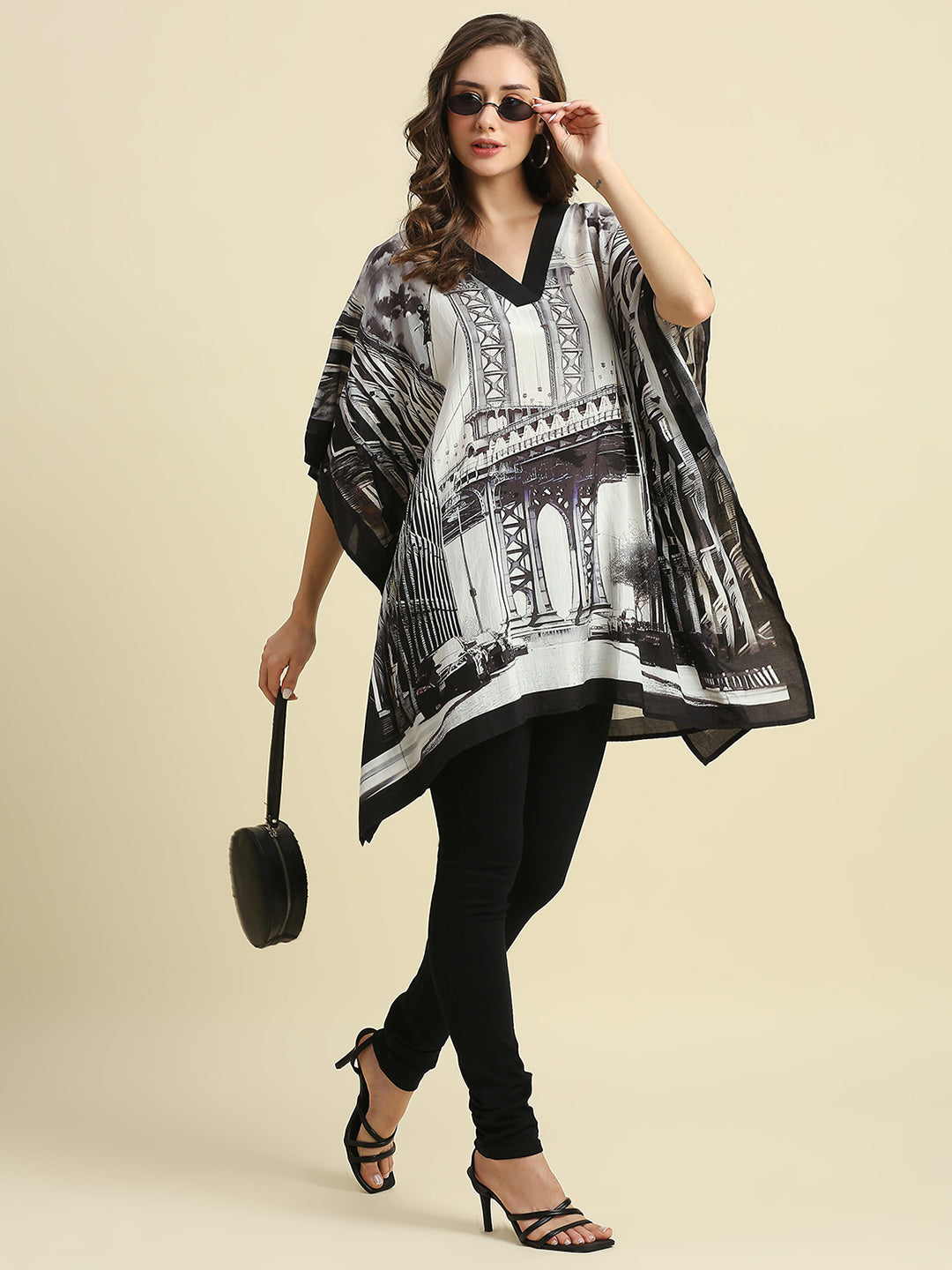 Bridge Printed Black & White Kaftan Top