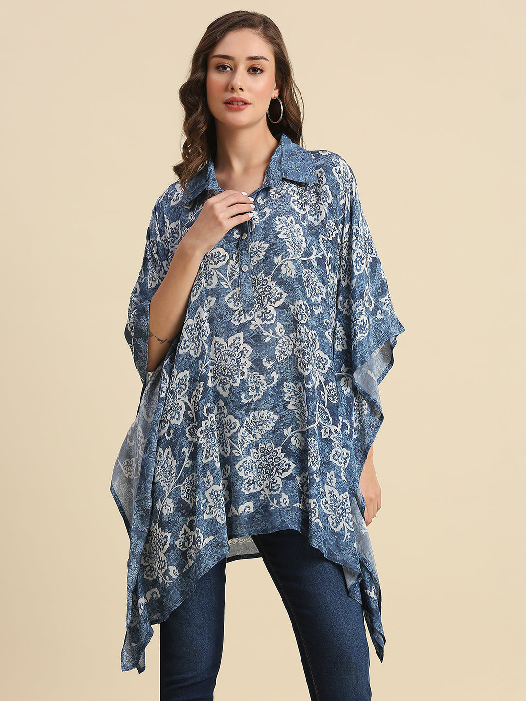 Floral Printed Blue & White Kaftan Shirt