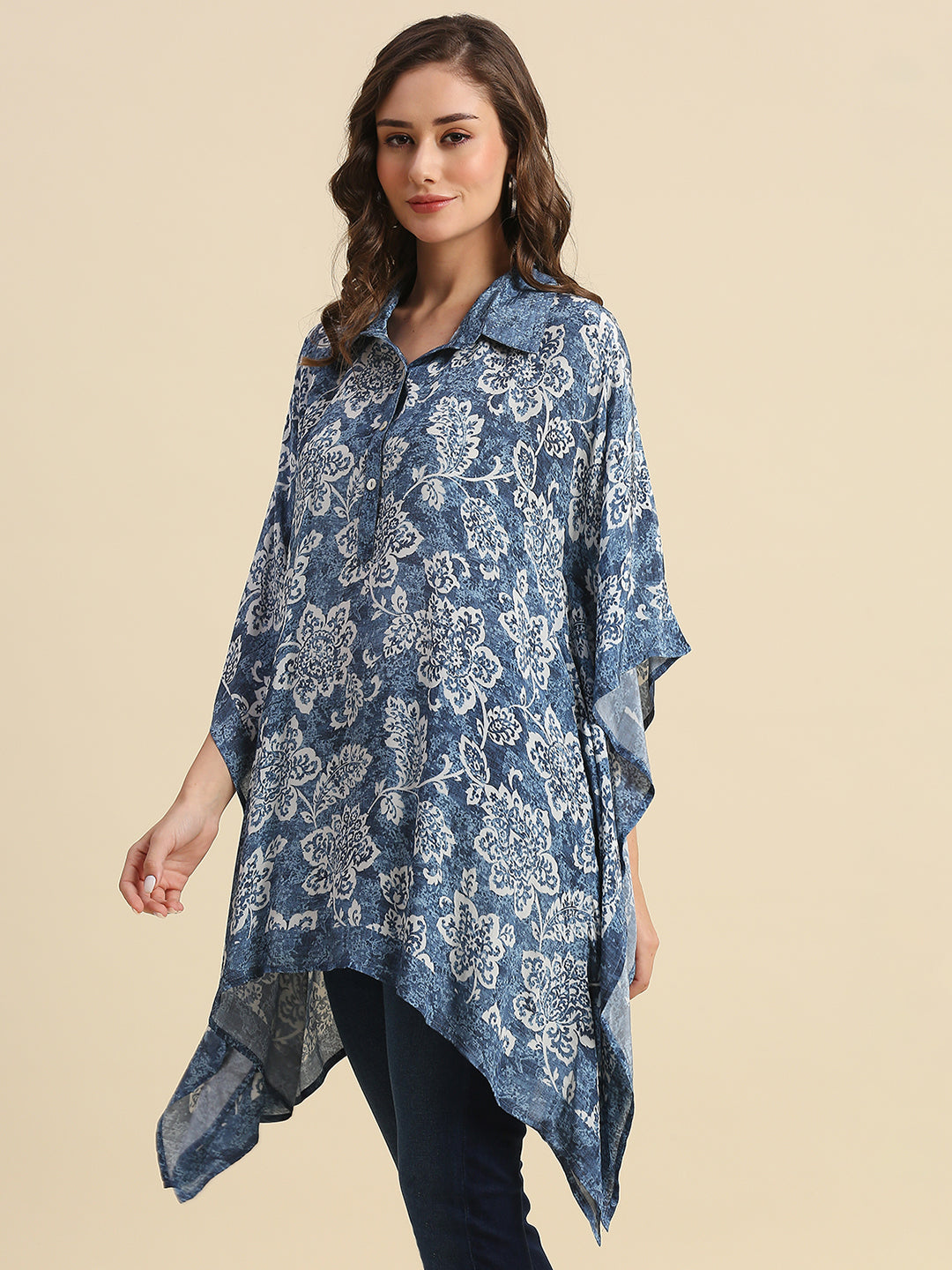 Floral Printed Blue & White Kaftan Shirt