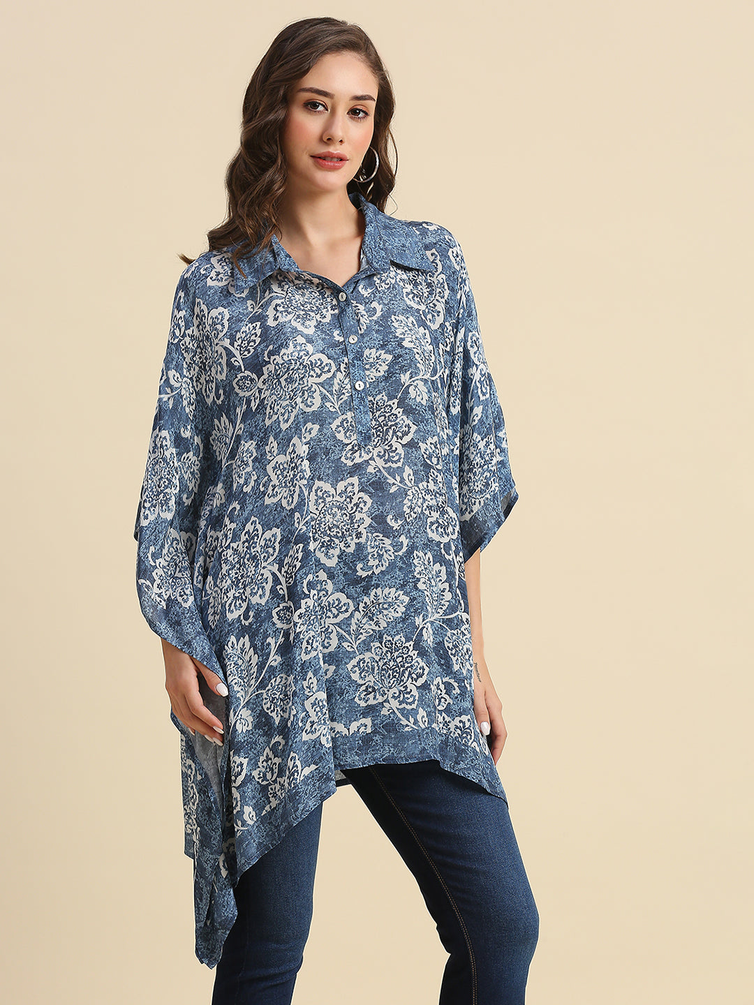 Blue & White Floral Printed Kaftan Shirt