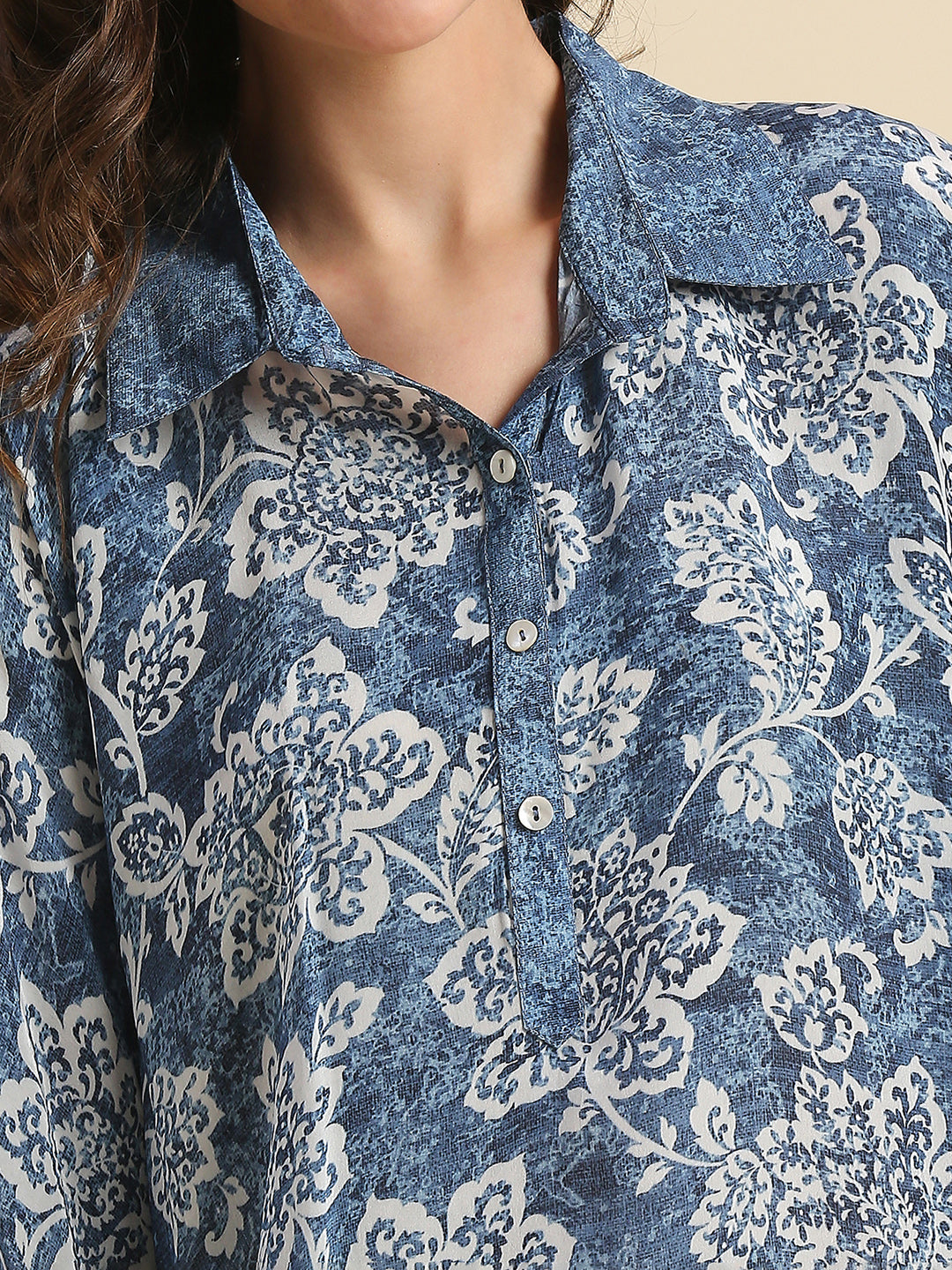 Blue & White Floral Printed Kaftan Shirt