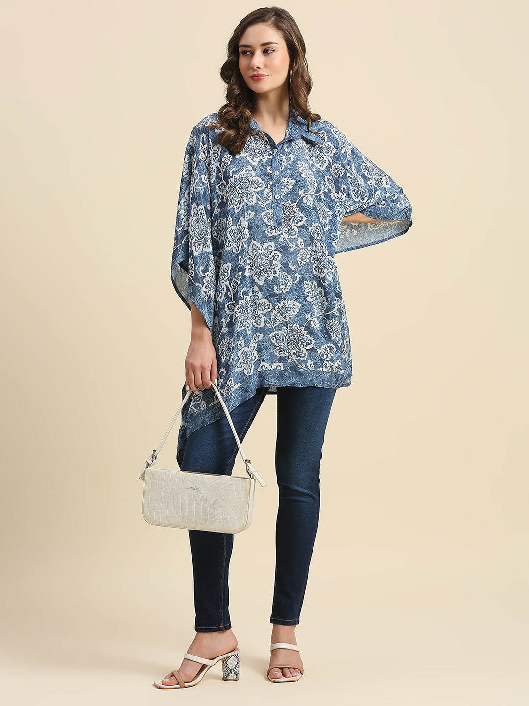 Blue & White Floral Printed Kaftan Shirt