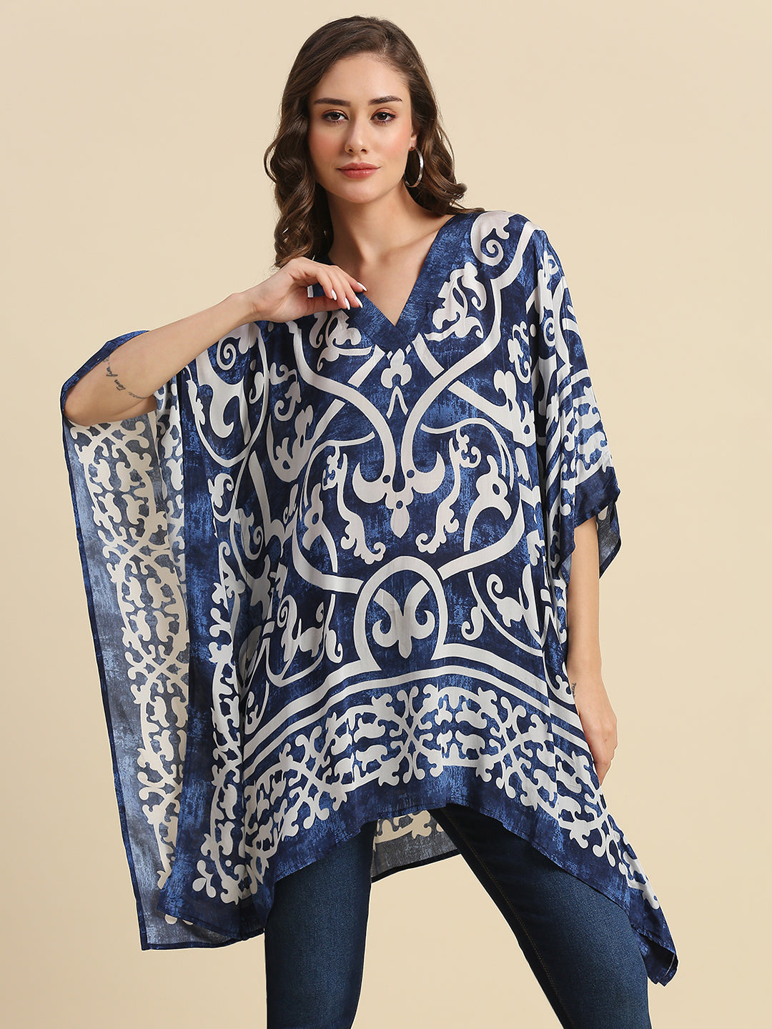 Navy Denim Look Scroll Printed Kaftan Shirt