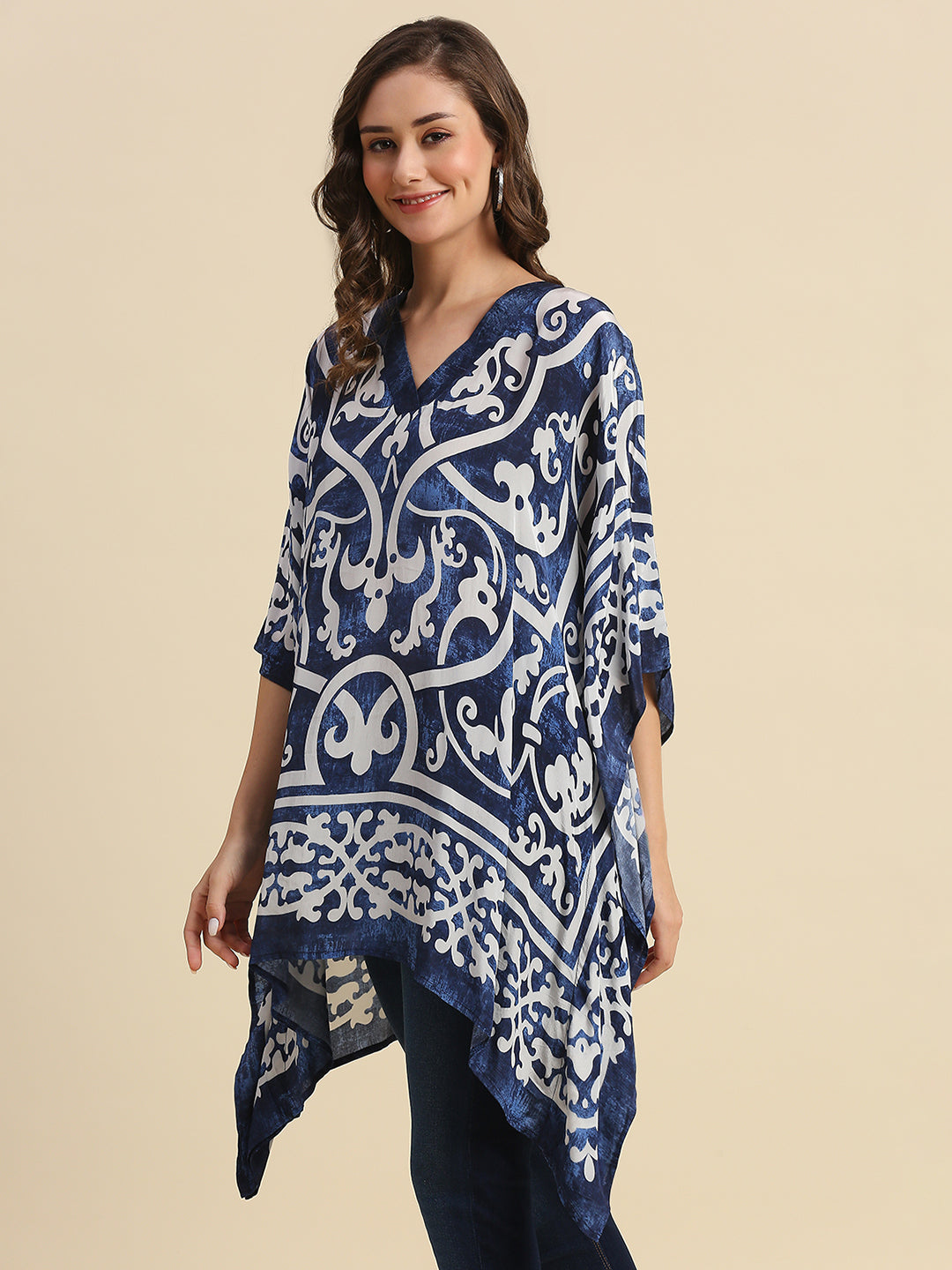 Navy Denim Look Scroll Printed Kaftan Shirt