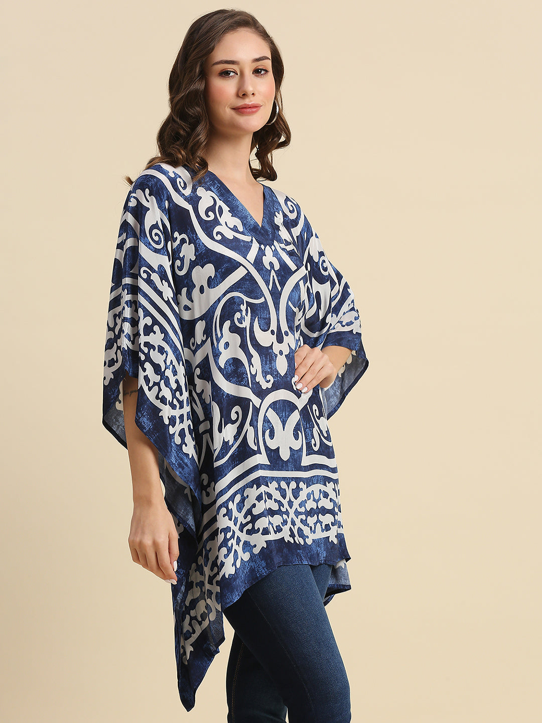 Navy Denim Look Scroll Printed Kaftan Shirt