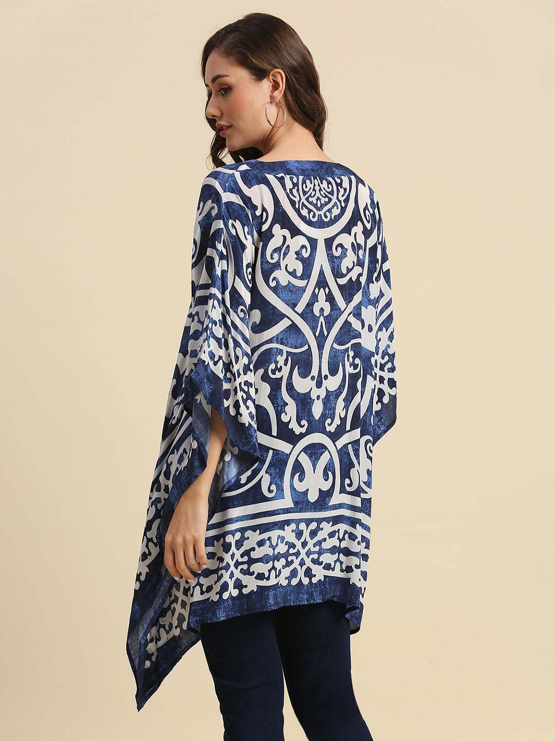 Navy Denim Look Scroll Printed Kaftan Shirt