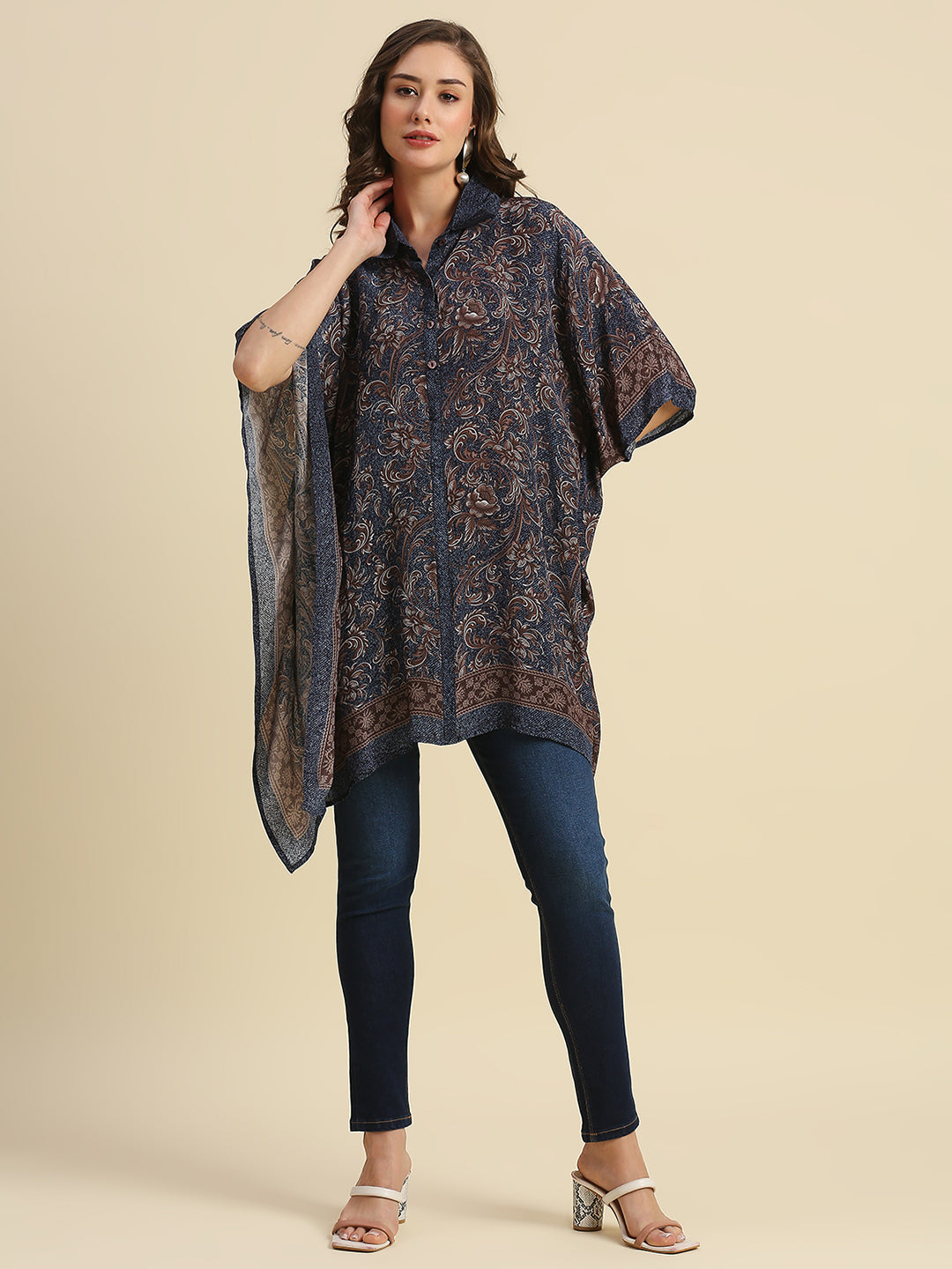 Navy Denim Look Floral Printed Kaftan Shirt