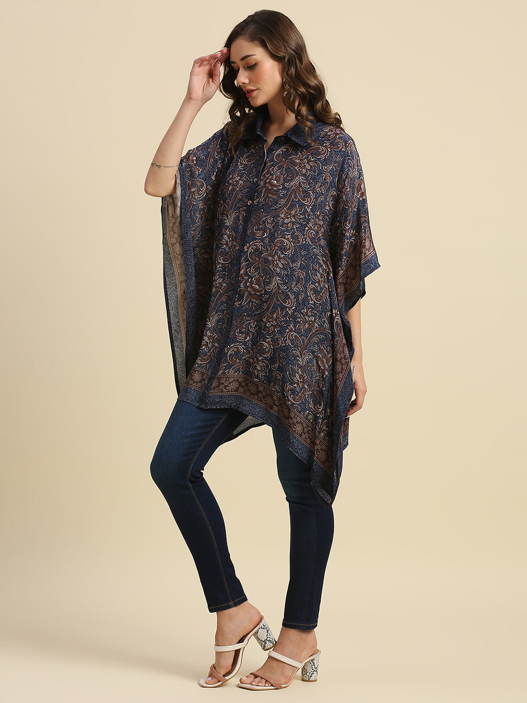 Navy Denim Look Floral Printed Kaftan Shirt