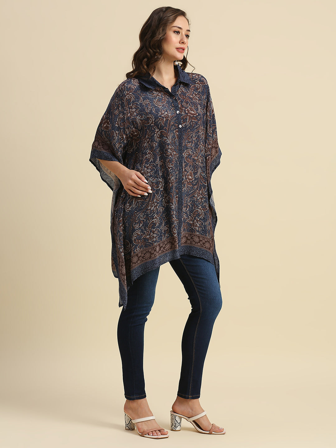 Navy Denim Look Floral Printed Kaftan Shirt