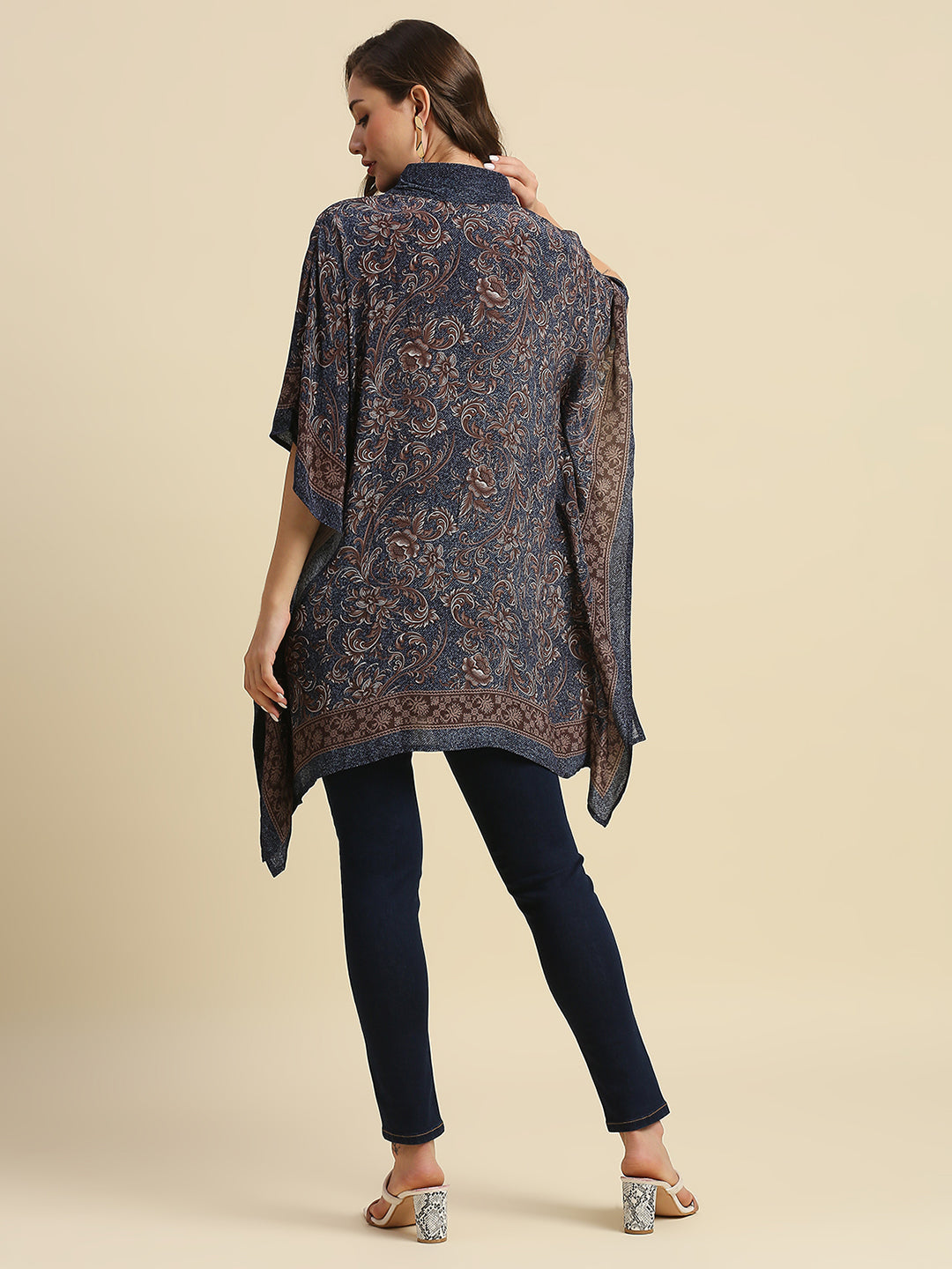 Navy Denim Look Floral Printed Kaftan Shirt