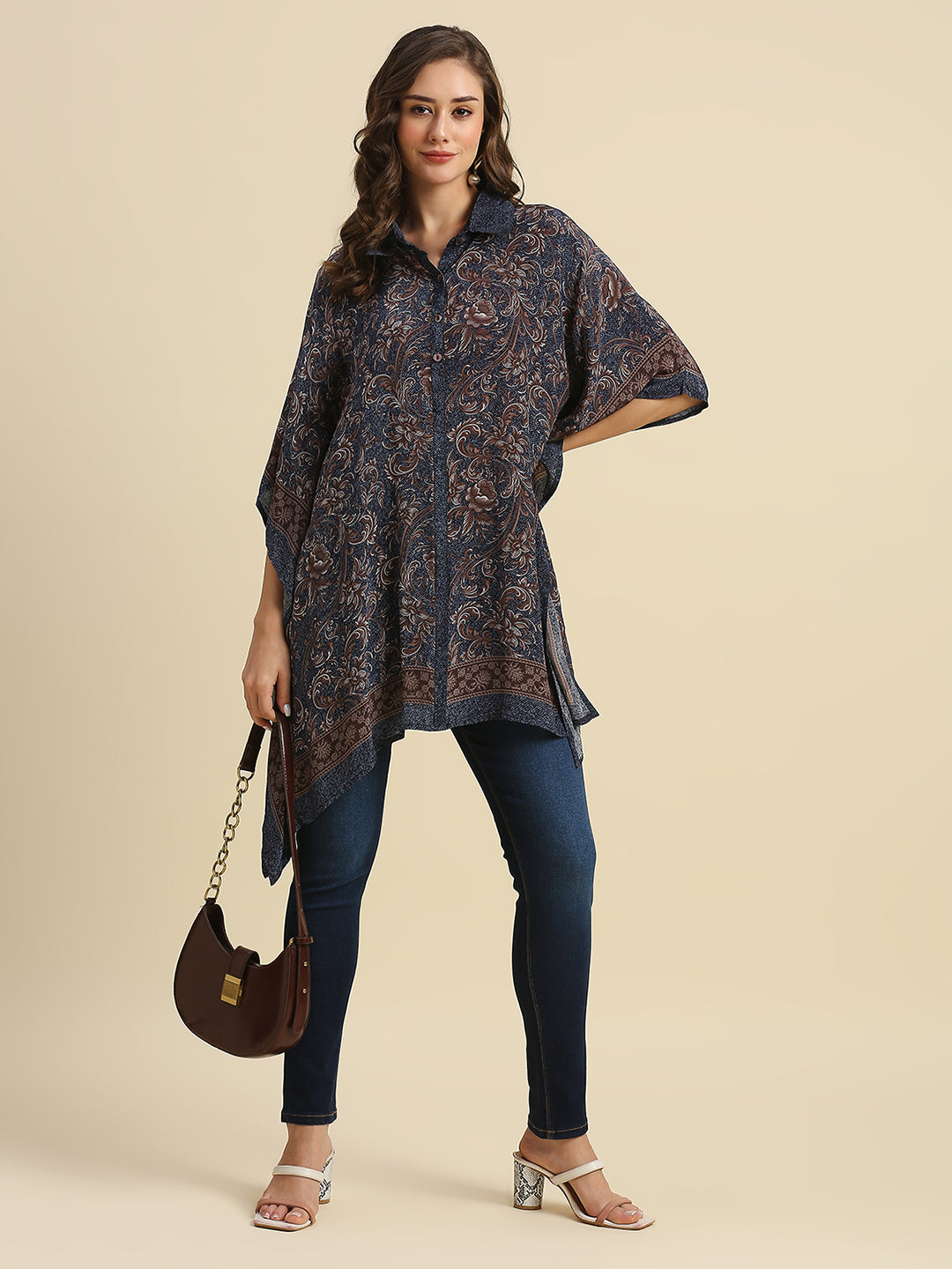Floral Printed Navy Kaftan Shirt