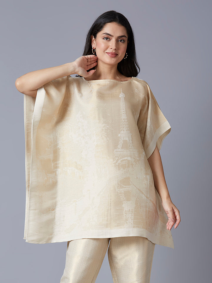 Brocade Paris Design Off White Poncho Set