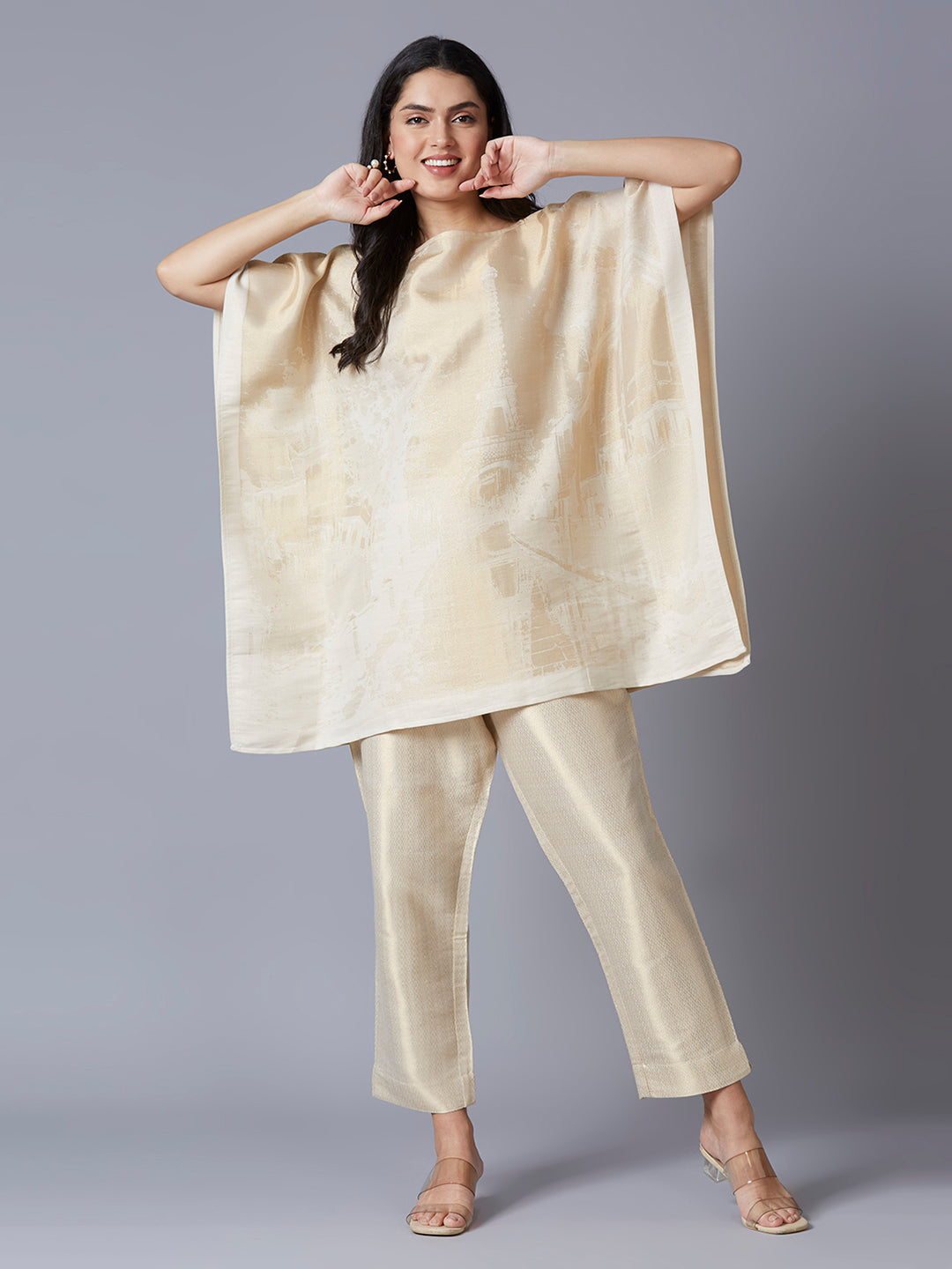 Brocade Paris Design Off White Poncho Set
