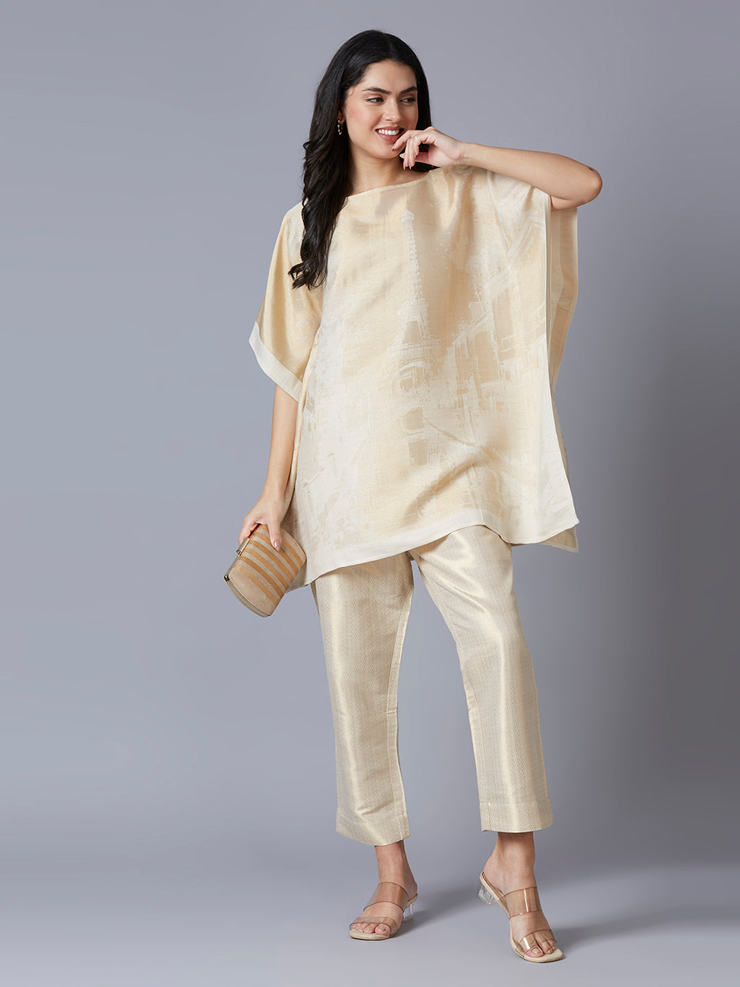 Brocade Paris Designed Off White Poncho with Brocade Pant