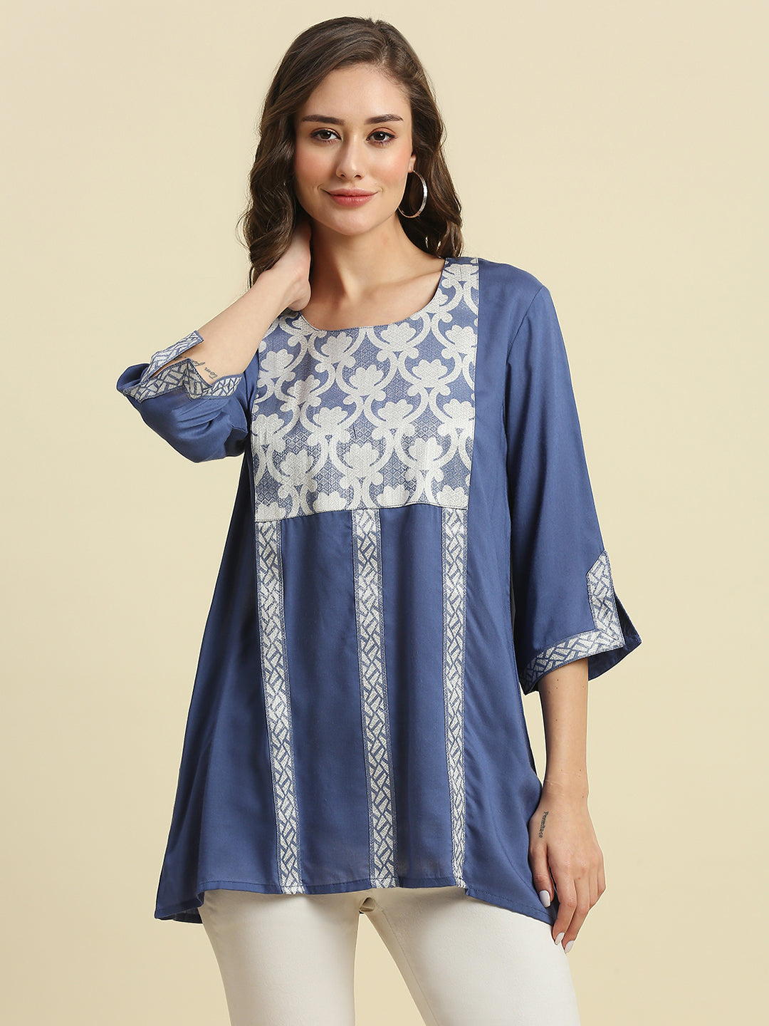 Solid Blue Top with Brocade Yolk