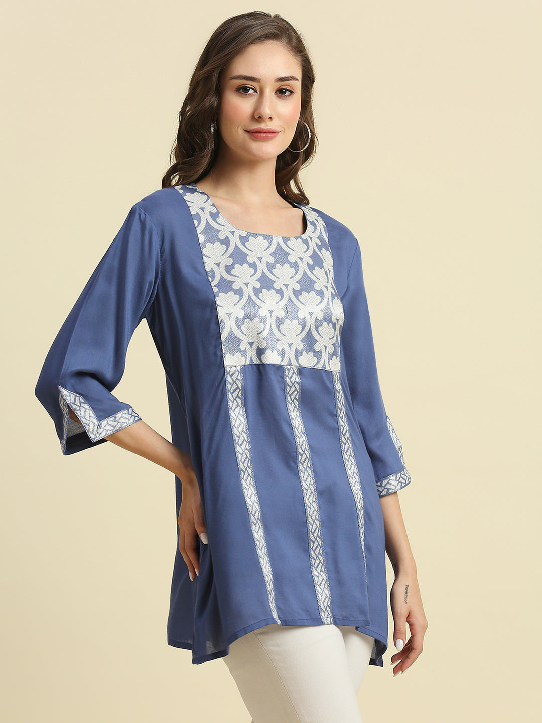 Solid Blue Top with Brocade Yolk