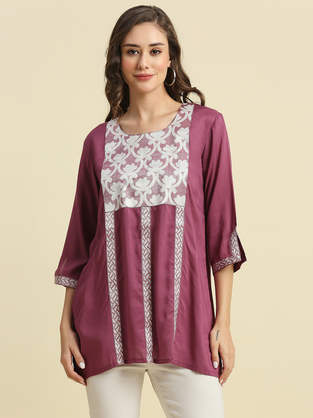Solid Printed Mauve Top with Brocade Yolk