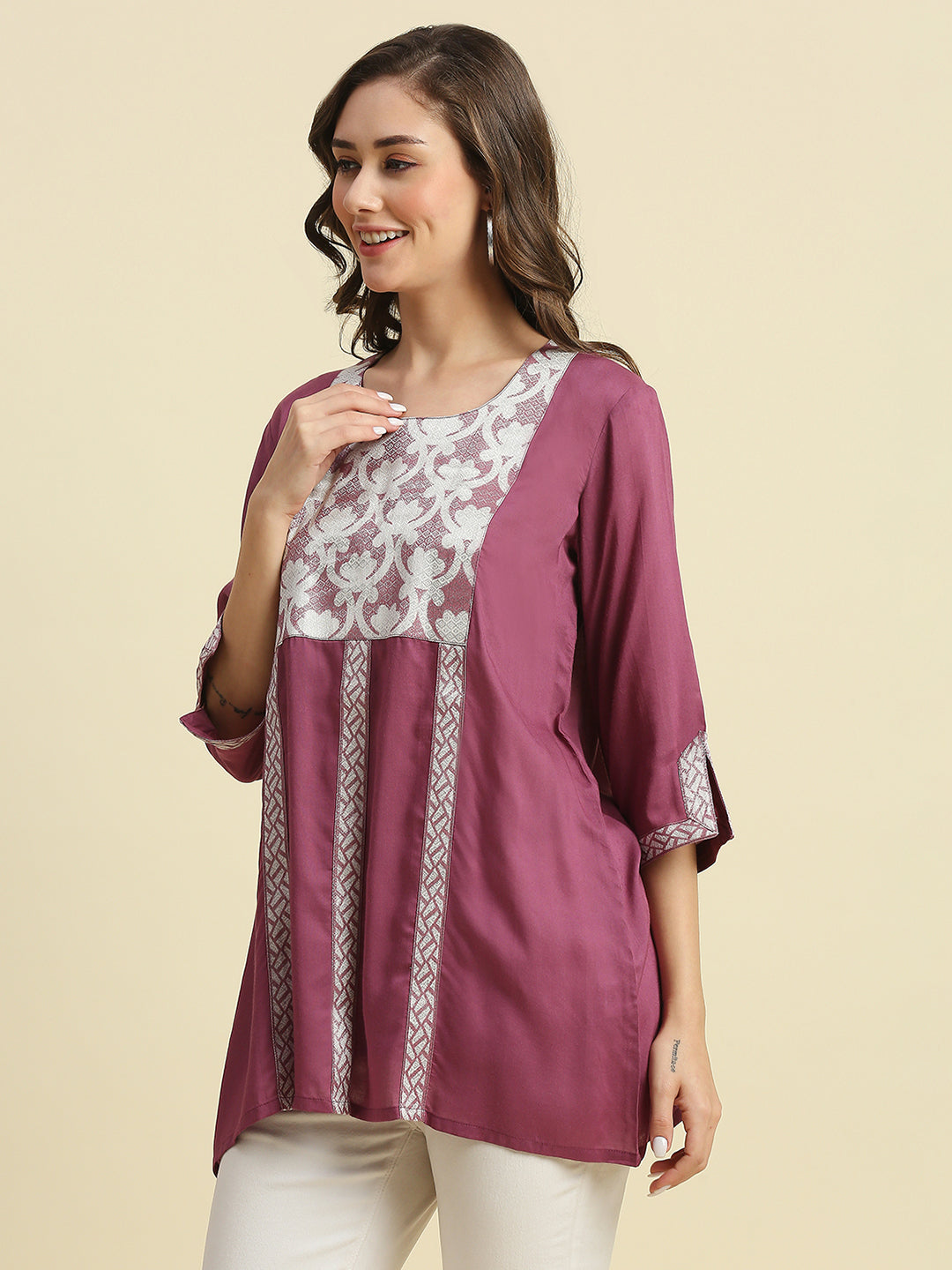 Solid Printed Mauve Top with Brocade Yolk
