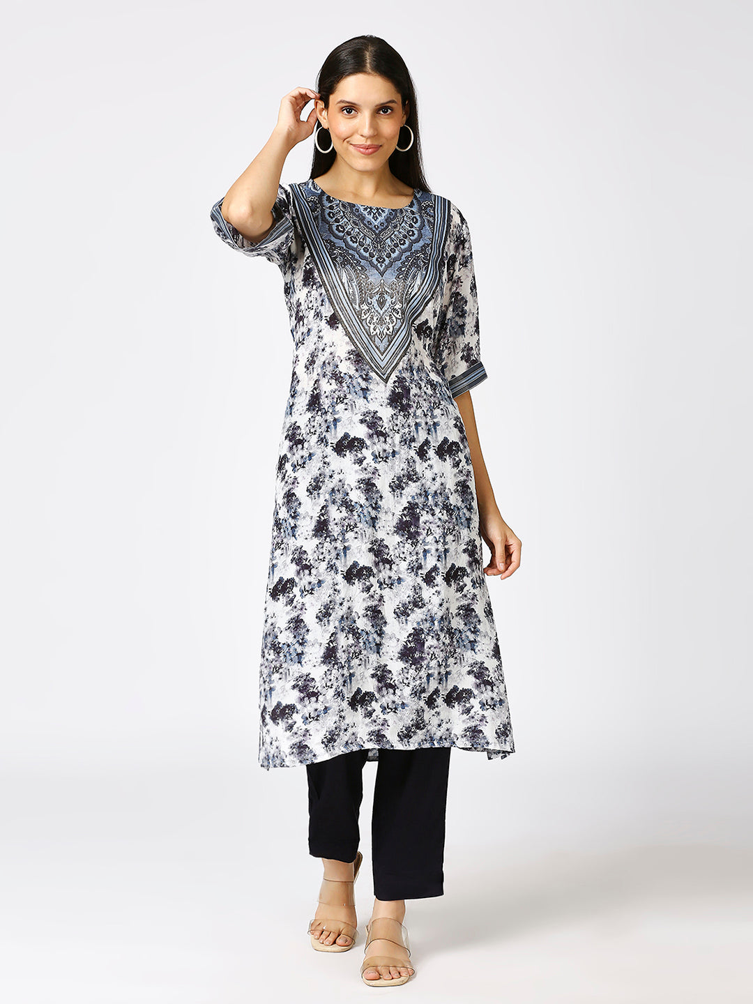 Blue Floral Printed Silver Metallic Kurti with Brocade Yolk