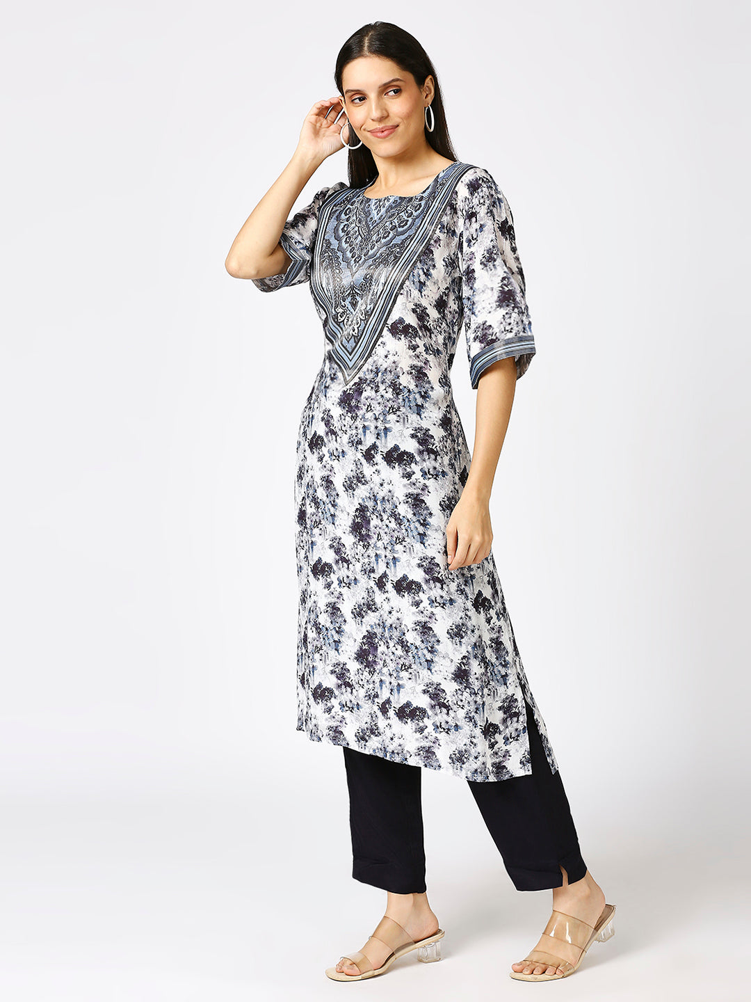 Blue Floral Printed Silver Metallic Kurti with Brocade Yolk