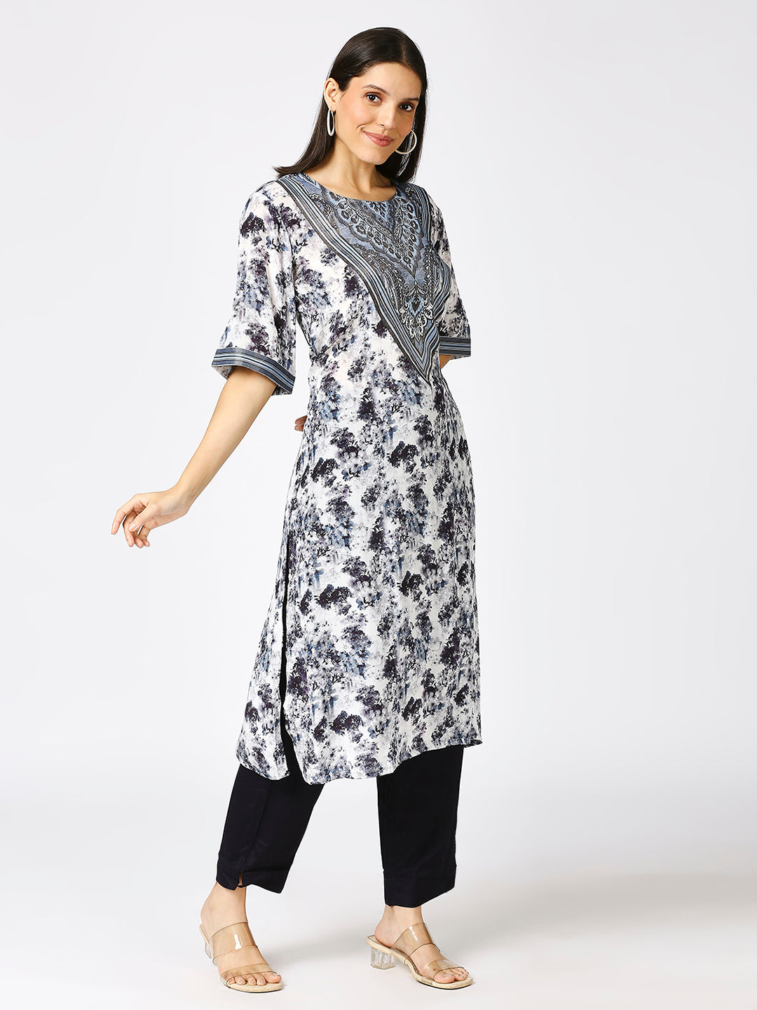 Blue Floral Printed Silver Metallic Kurti with Brocade Yolk