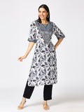 Blue Floral Printed Silver Metallic Kurta with Brocade Yolk